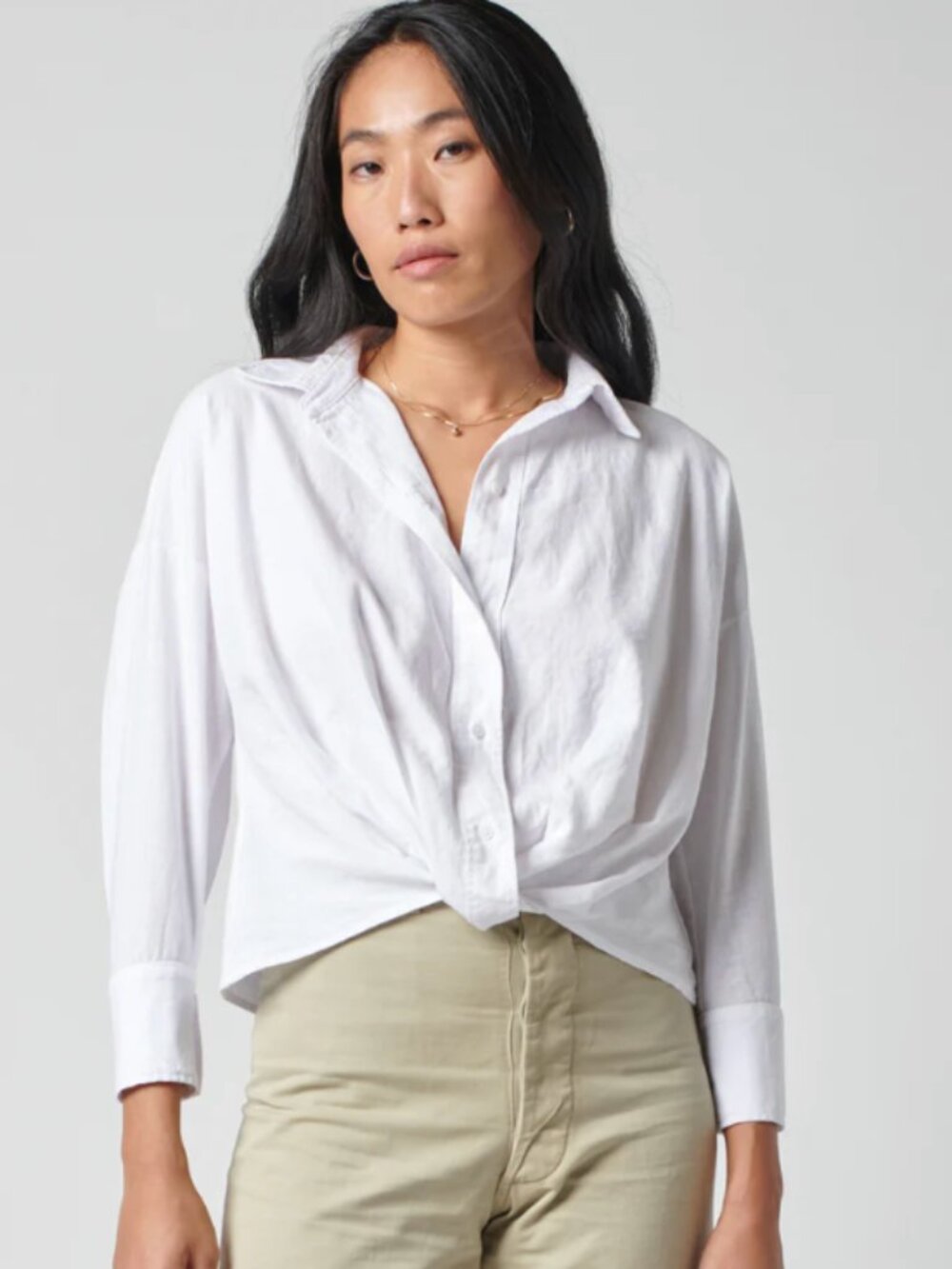 Linen Long Sleeve Front Twist Shirt in White
